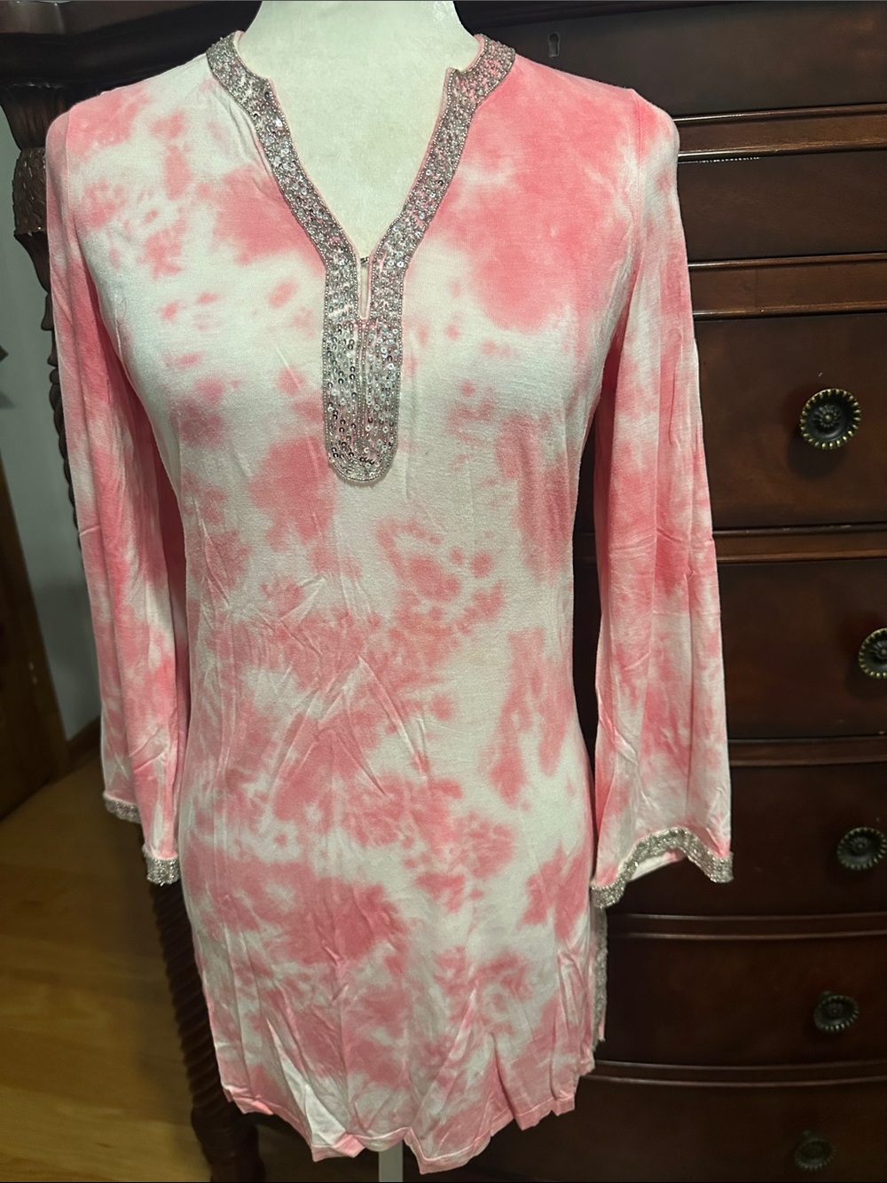 INC International Concepts Pink Tie-Dye Embellished V-Neck Tunic